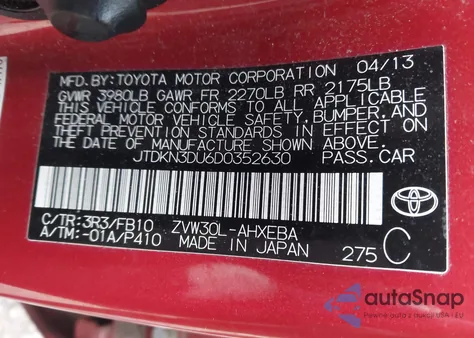 2013 Toyota Prius z USA, uszkodzony, nr VIN JTDKN3DU6D0352630